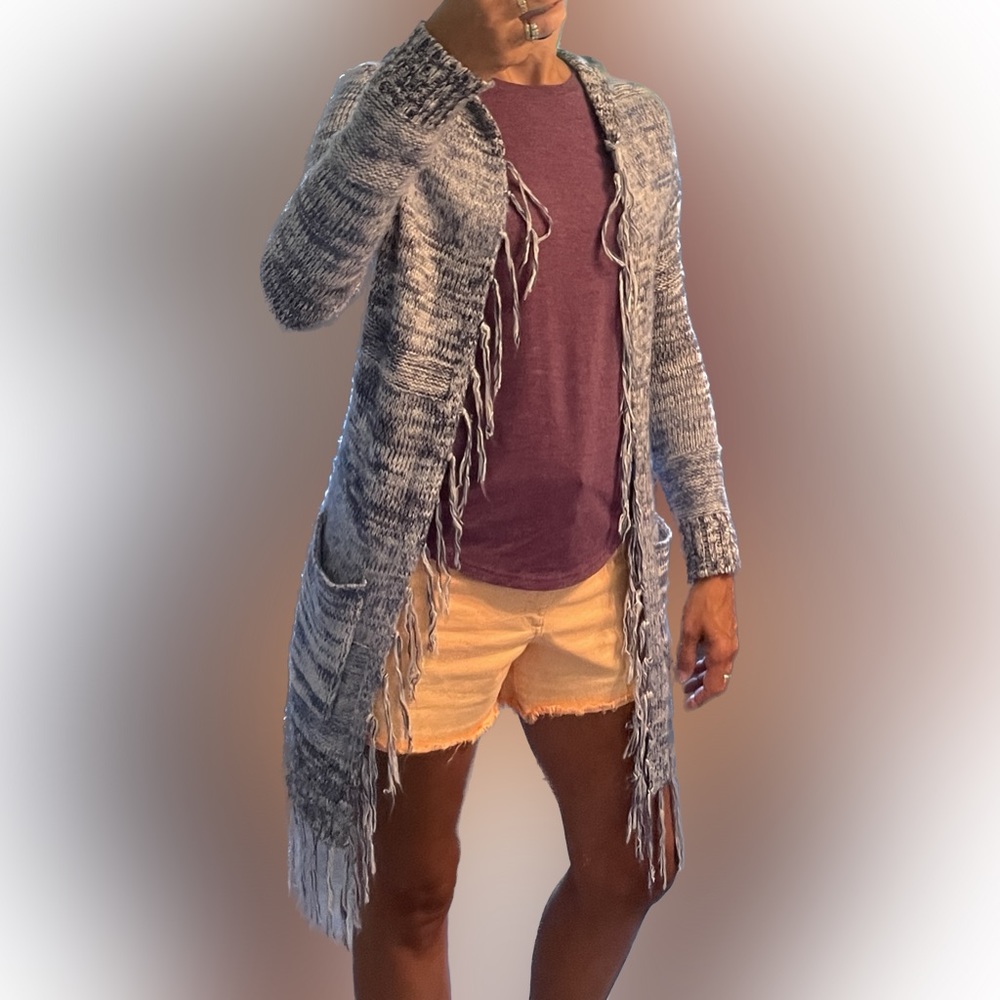Duster Cardigan Sweater Hoodie With Fringe - Picture 4 of 4